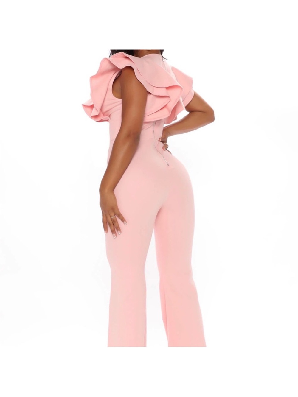 Blush Pink Ruffle Shoulder Denim Jumpsuit